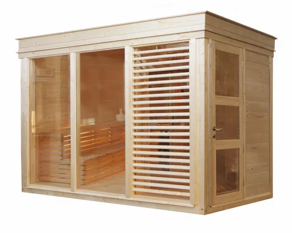 Sauna Paradiso 3x2 (2-Raum) Gartensauna Auensauna Holz Designsauna +Fuboden Flachdach
